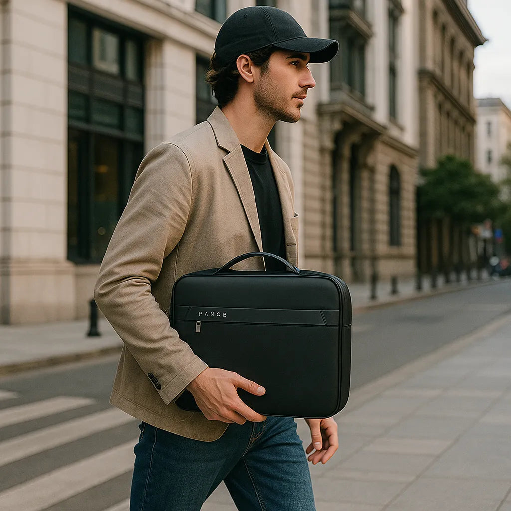 Hombre joven caminando en la ciudad con el neceser CarryAll de Bange – Estilo urbano y elegante para viajes y trabajo