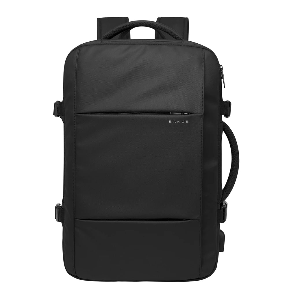 Vista frontal de la mochila Bange The SafeBag en color negro, diseño moderno y minimalista.