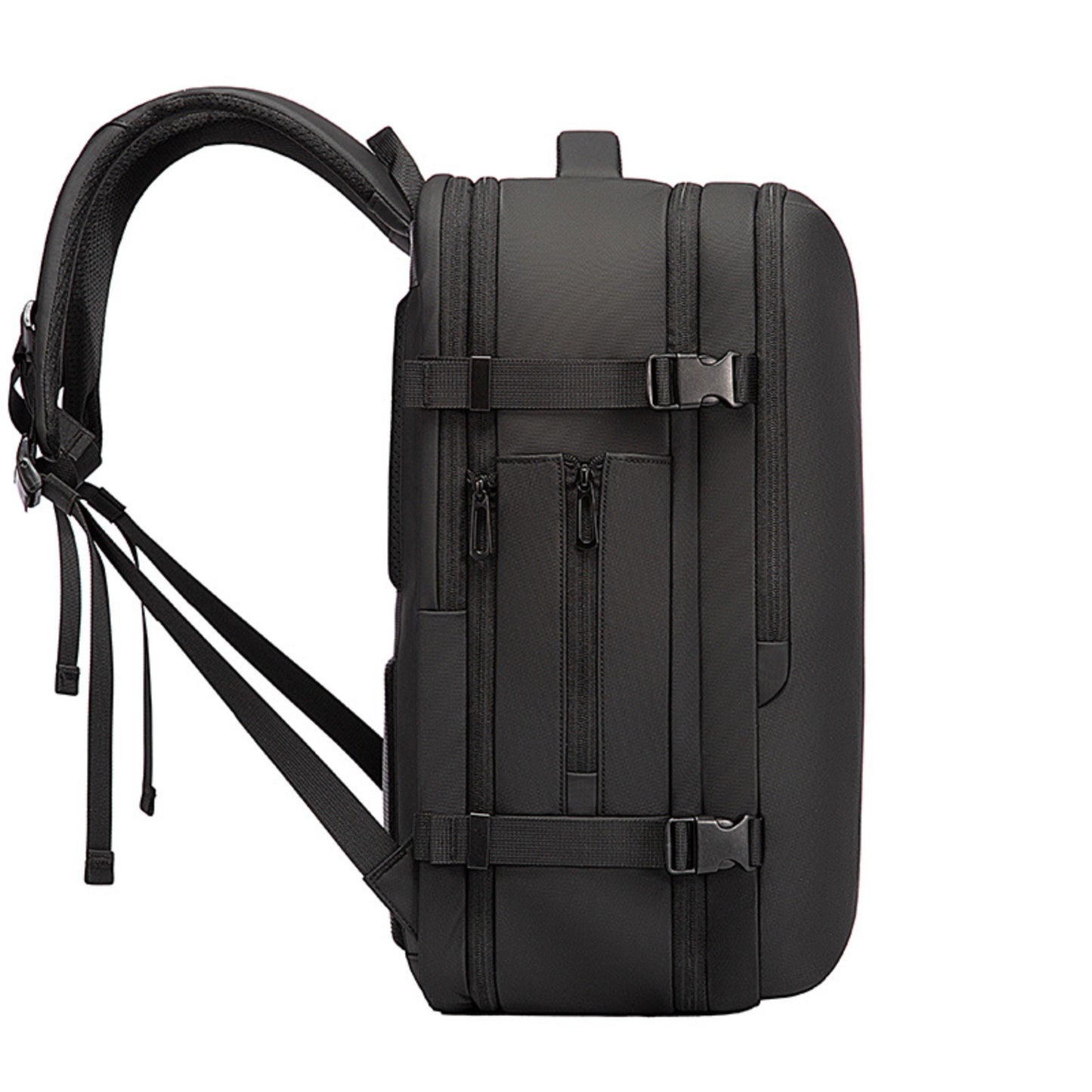 Vista lateral de la mochila Bange The SafeBag mostrando sus compartimientos con cremalleras y sistema de ajuste.