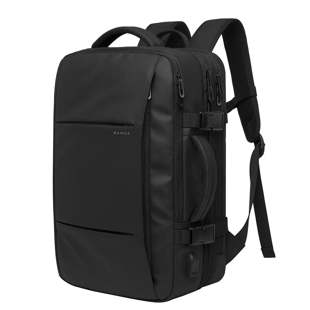 Vista frontal y lateral de la mochila Bange The Expandable en color negro, mostrando su diseño moderno y elegante con asas acolchadas y múltiples compartimentos.