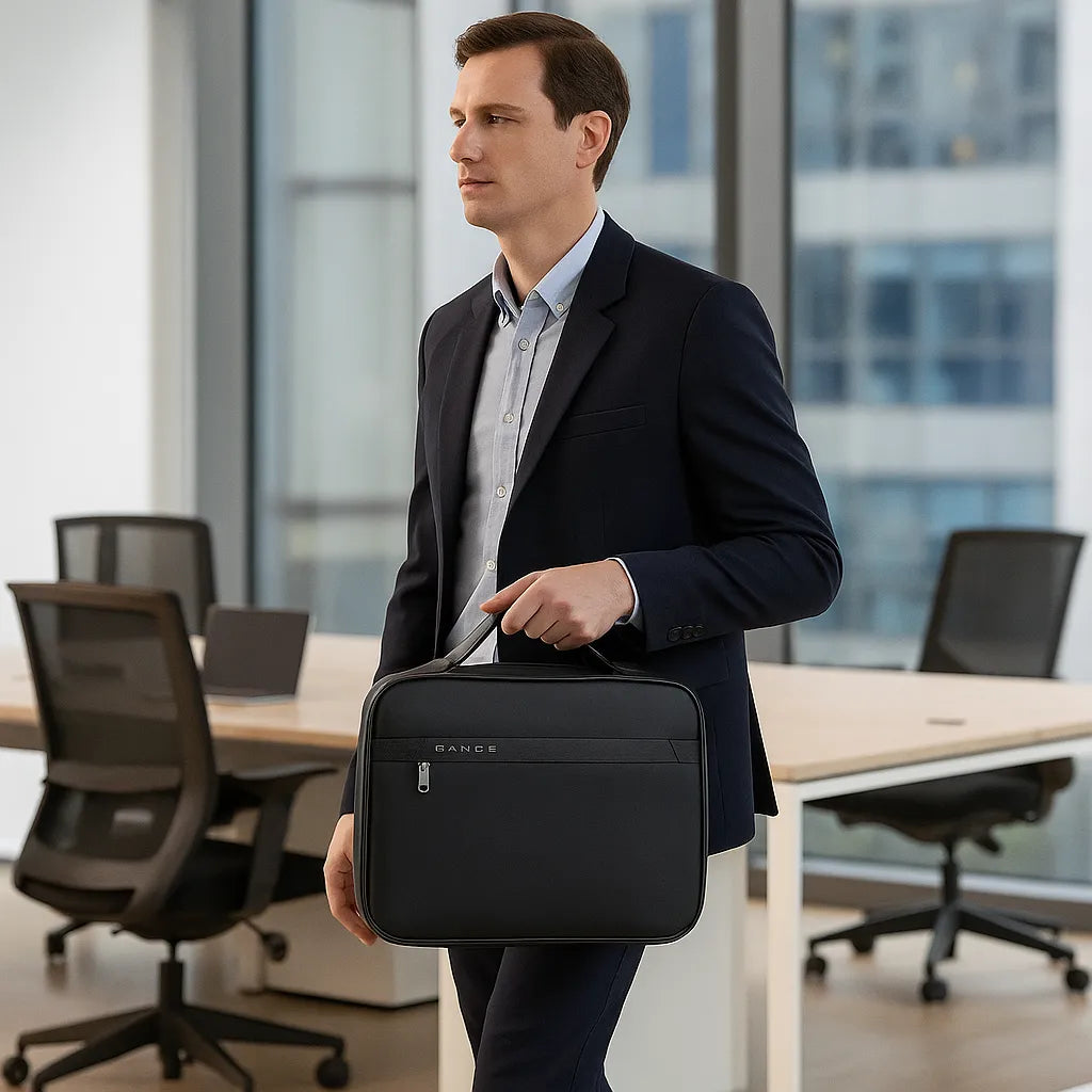 Profesional trabajando en oficina con el neceser CarryAll de Bange – Organización y diseño sofisticado para uso diario

