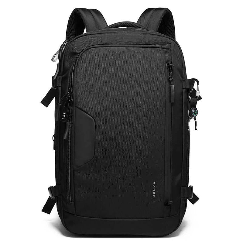 Vista frontal de la mochila Bange Journeypack en color negro, diseño minimalista y elegante.