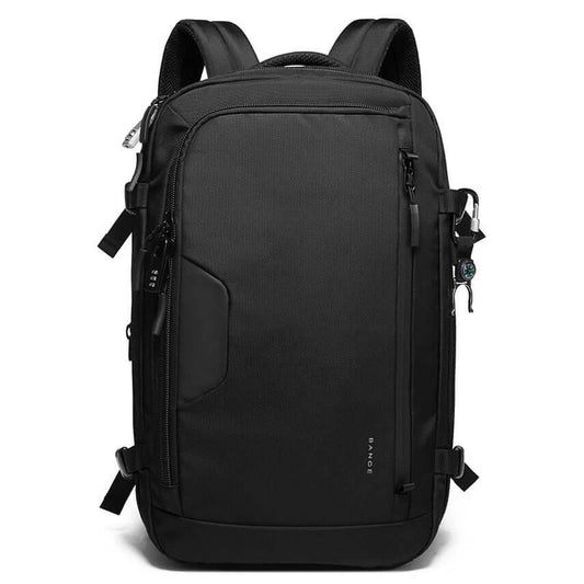 Vista frontal de la mochila Bange Journeypack en color negro, diseño minimalista y elegante.