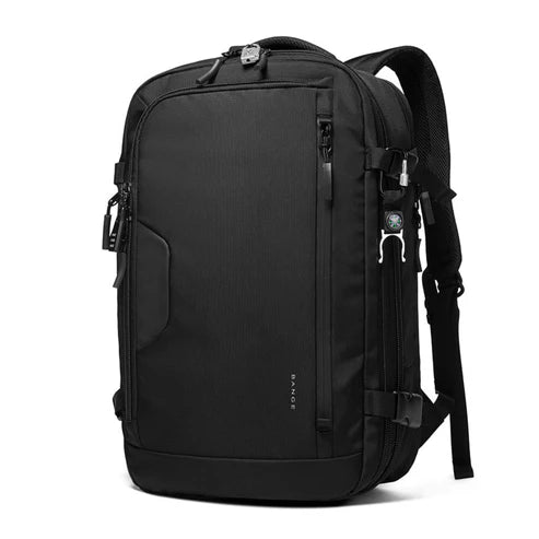 Vista en ángulo de la mochila Bange Journeypack, destacando su diseño expandible y funcional.


