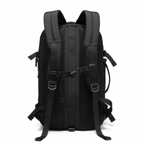 Vista lateral de la mochila Bange Journeypack con correas de expansión y organización.