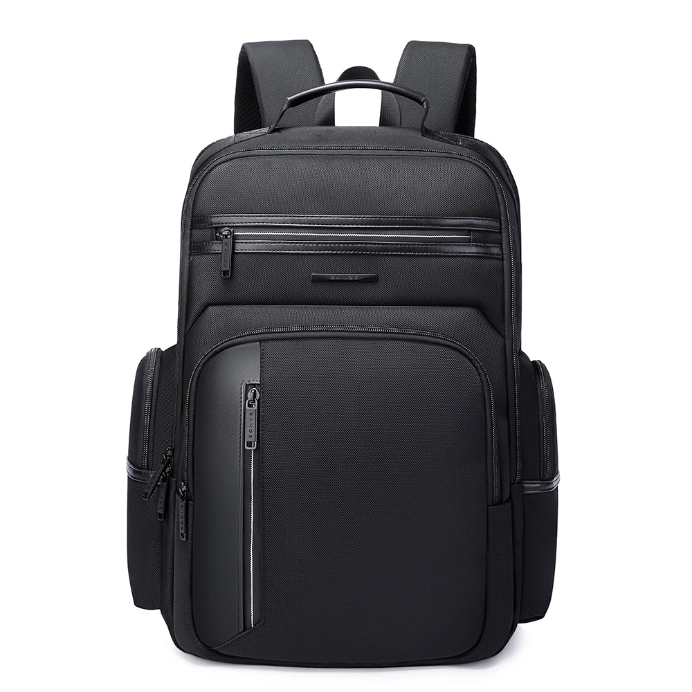Mochila ejecutiva The Blackpack de Bange en vista frontal, diseño minimalista y elegante en color negro.