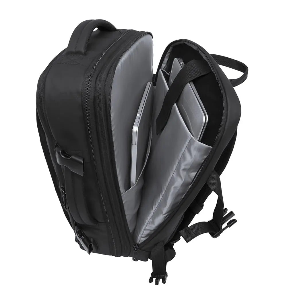 Mochila Bange The Expandable Plus abierta mostrando compartimento acolchado para laptop.