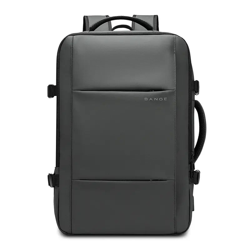 Mochila Bange The Expandable en color gris, vista frontal completa mostrando su diseño minimalista y elegante con asas superiores y laterales.

