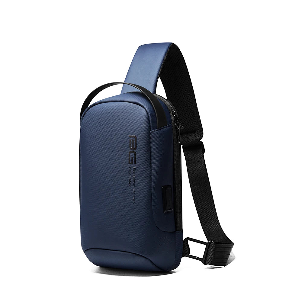 Crossbody impermeable Bange The Shelter, diseño frontal minimalista en color azul.