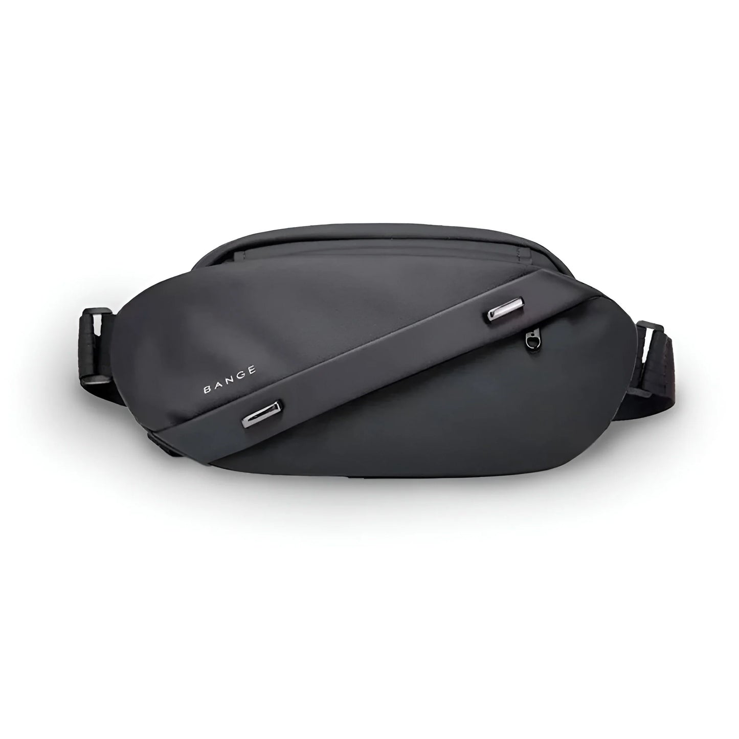 Vista frontal del Slingbag Bange color negro con diseño elegante y puerto USB lateral.

