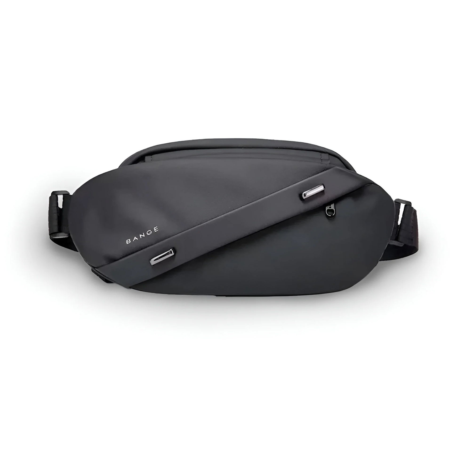 Vista frontal del Slingbag Bange color negro con diseño elegante y puerto USB lateral.

